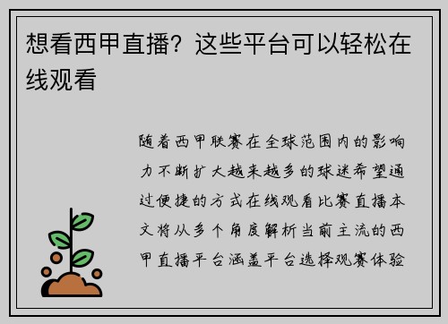 想看西甲直播？这些平台可以轻松在线观看