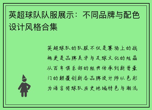 英超球队队服展示：不同品牌与配色设计风格合集