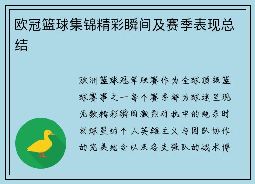 欧冠篮球集锦精彩瞬间及赛季表现总结